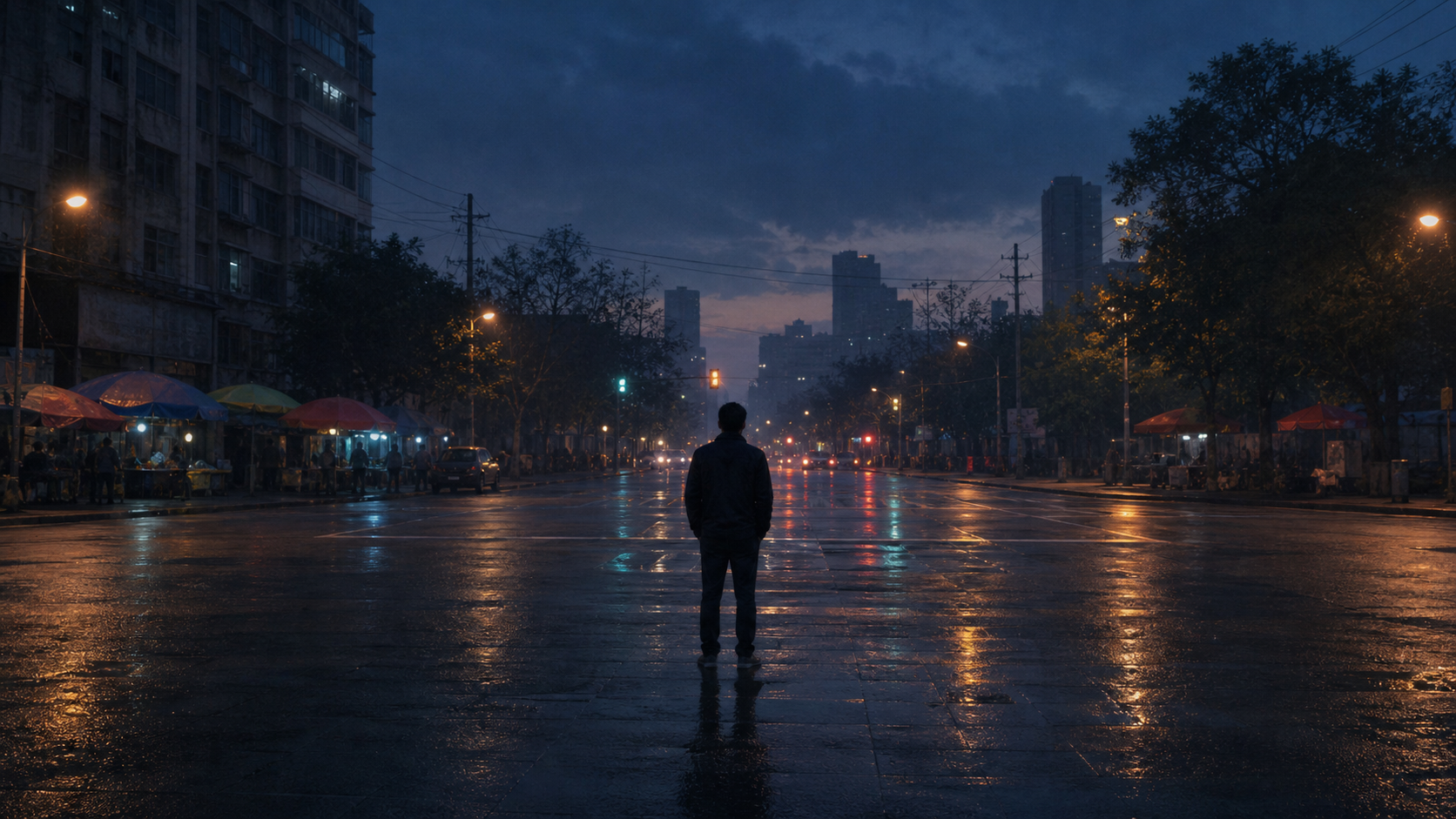 雨后傍晚的城市路口，一个人站在湿润的路面上