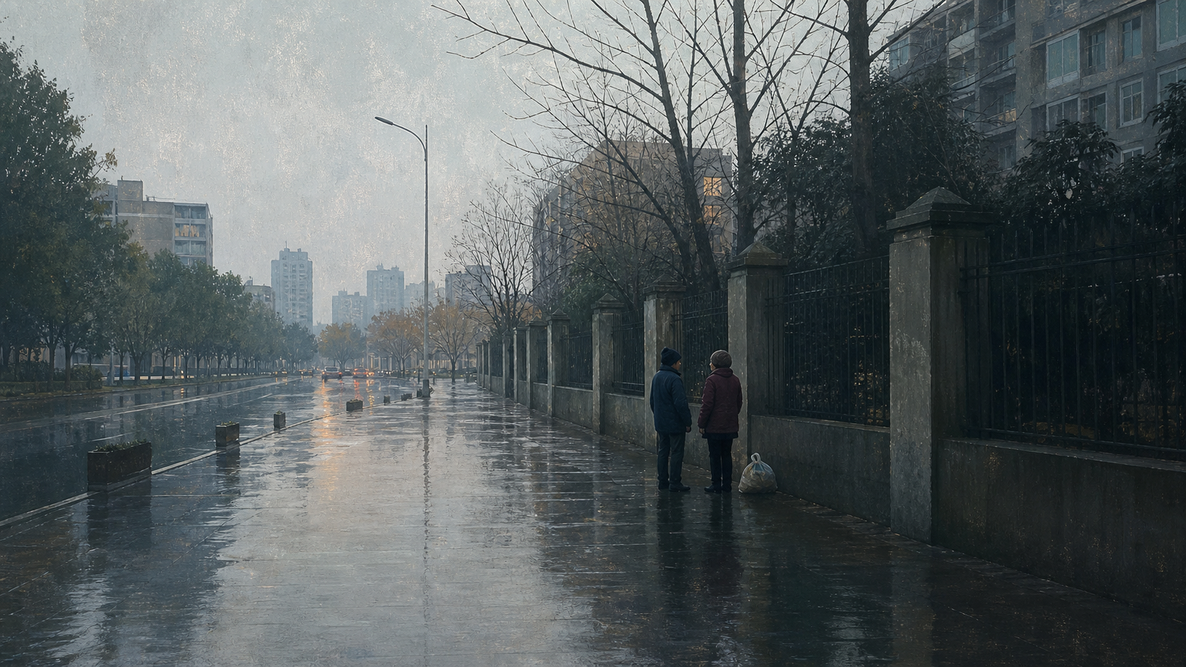 雨后街边两位正在交谈的人与放在地上的一袋日用品